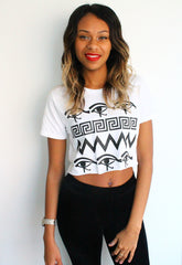 LFF Boutique Independent branded black and white printed crop top with Egyptian eye print 