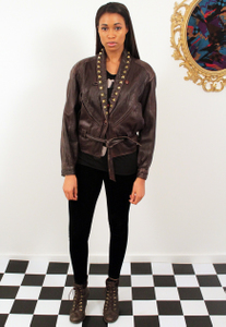 Image of Vintage 1980's Gold Studded Lapel Leather Jacket
