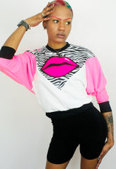 Juicy Kisses Zebra - Zebra and pink batwing sweater with pink lips