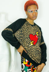 LOVE HURTS Leopard and black oversize sweater with large heart and lightning bolts