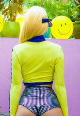 Finish Line Yellow long sleeved crop top with blue lips