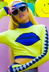 Finish Line Yellow long sleeved crop top with blue lips
