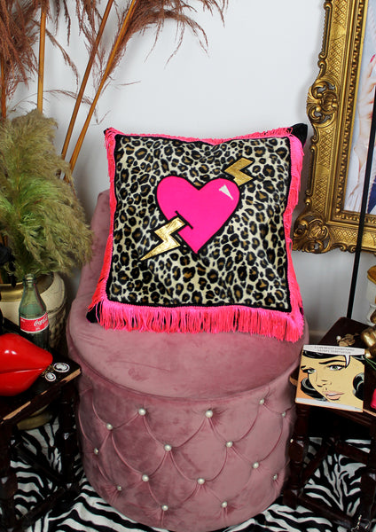 Leroy Lovestruck handmade decorative tassel throw scatter cushion in leopard print with heart and lightning bolt design