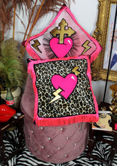 Leroy Lovestruck handmade decorative tassel throw scatter cushion in leopard print with heart and lightning bolt design