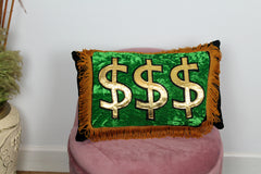 Leroy Manifest handmade decorative tassel throw scatter cushion in green velvet with gold dollar design