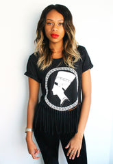 Nefertiti Head Print Fringe Black T-shirt