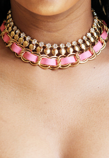 Pink Faux Suede Chunky Chain Choker