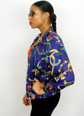 Vintage FUDA Purple Scarf Print 90s Silk Casual Jacket