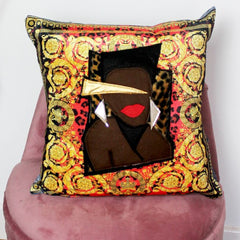 Leroy Extravagance handmade decorative throw scatter cushion in baroque printed velvet with Grace Jones applique design