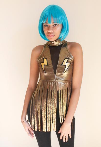 High Voltage Metallic Fringe Top with Lightening Patches