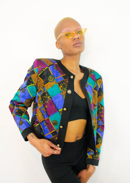 Jacques Vert Vintage 1980s Vibrant Scarf Print Crop Jacket