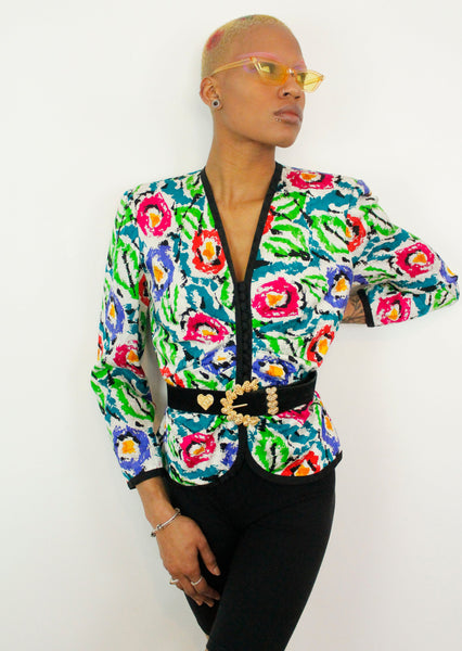 Vintage Neon Green 90s Crazy Floral Print Lightweight Jacket