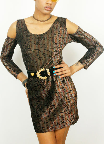 Vintage 1980's Metallic Cut Out Shoulder Dress.